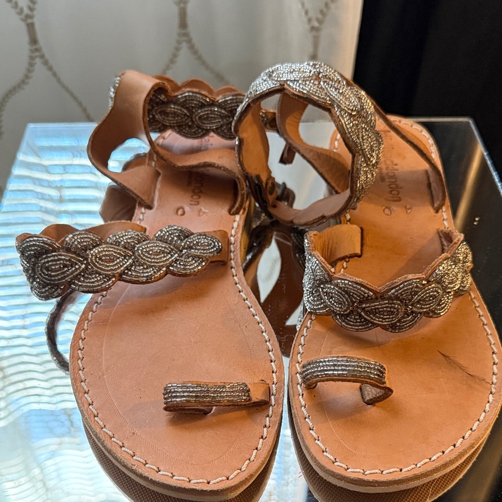 Tan Braided Bead-Embellished Leather Sandals with Toe Loop